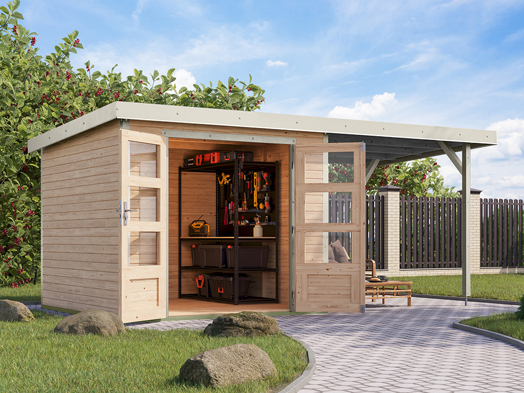 Bild von Karibu 19 mm Hybrid Gartenhaus Jupiter 3,5 mit Anbaudach