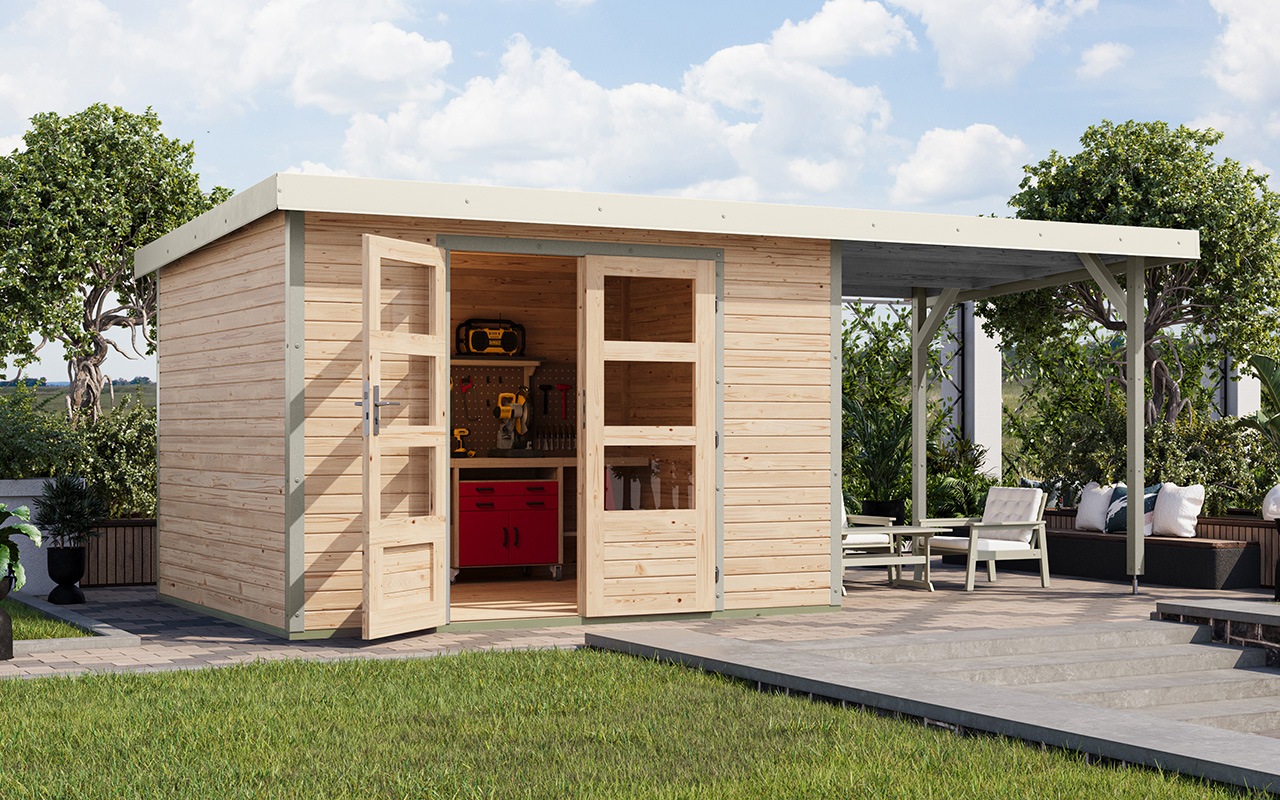 Bild von Karibu 19 mm Hybrid Gartenhaus Jupiter 5 mit Anbaudach